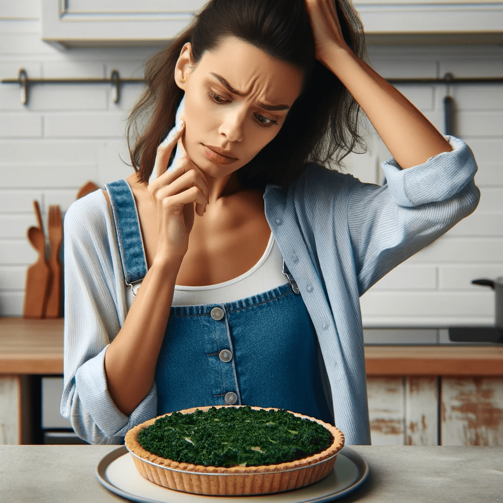A confused woman looking at a kale pie.