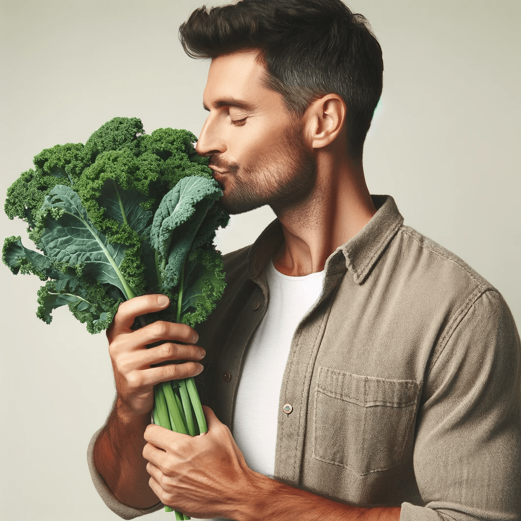 A man kissing a bunch of kale.