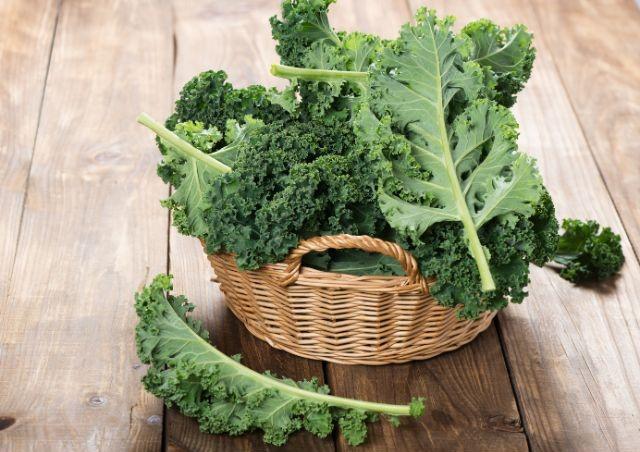 A basket filled with fresh kale leaves.