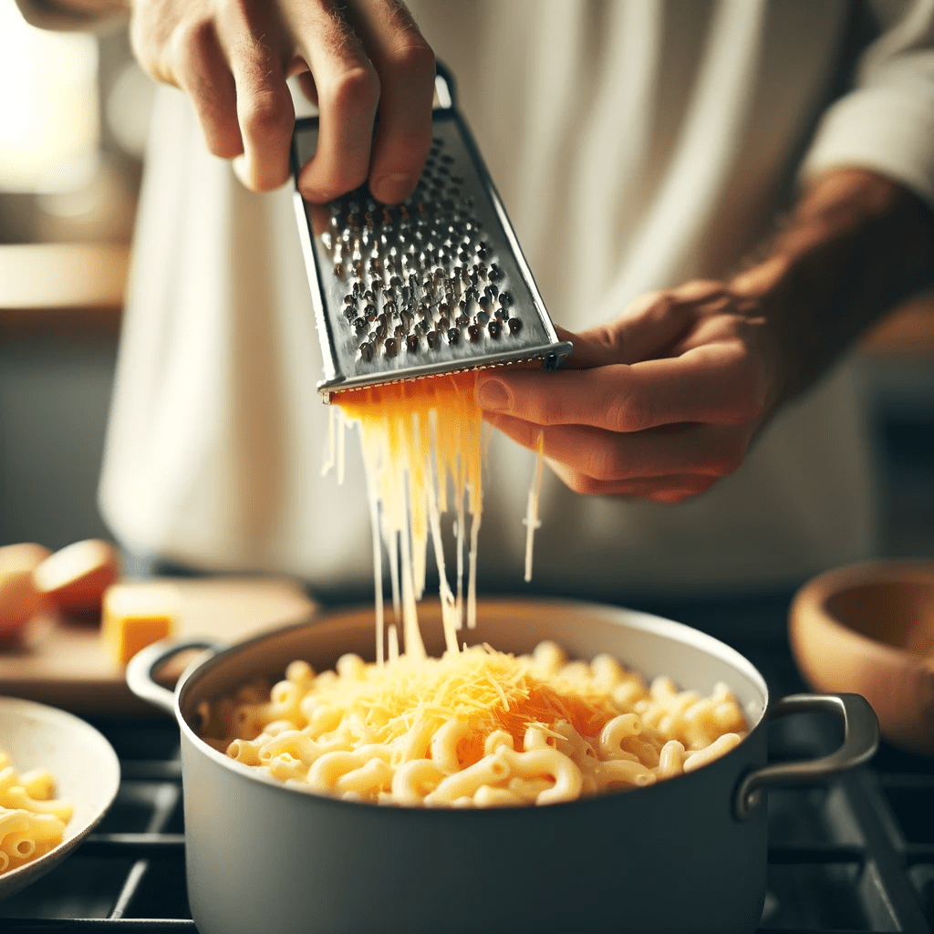 A person grating low-fat cheese into a pot of mac and cheese on the stove.
