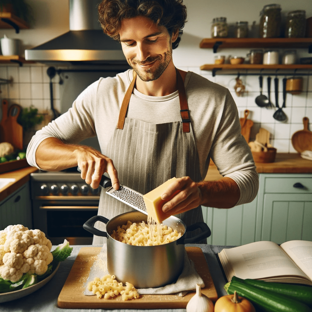 A man grating cheese into a pot of macaroni.
