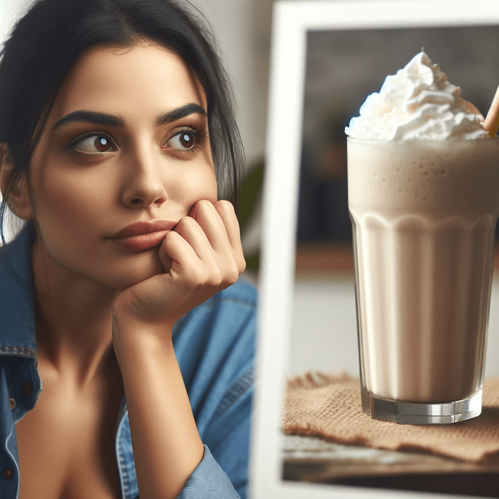 A woman gazing longingly at a milkshake photo, embodying a craving.