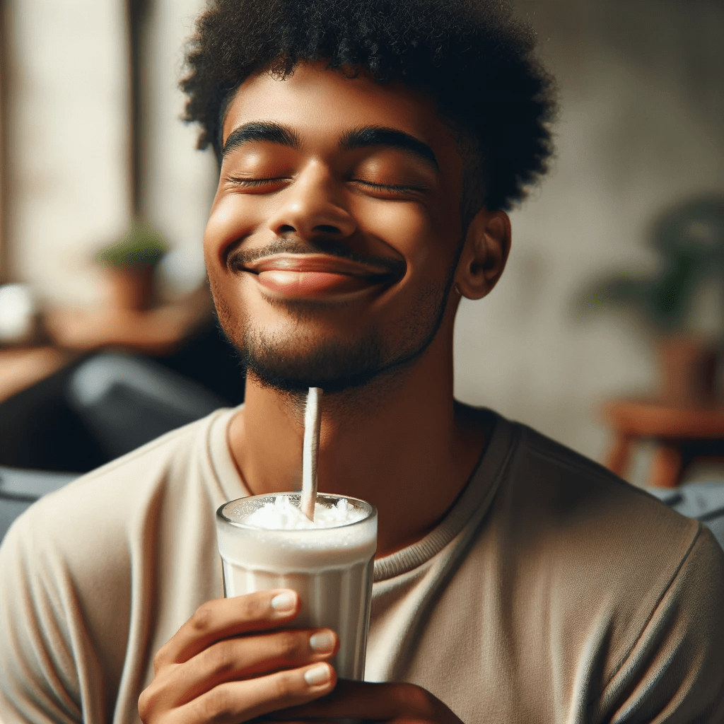 A person closing their eyes in delight while sipping a milkshake.