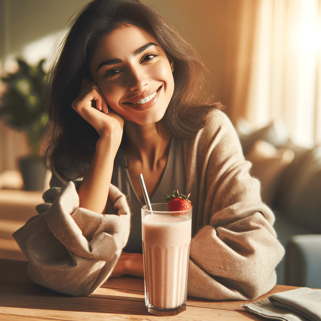 A woman sitting with a smoothie, looking full and content.