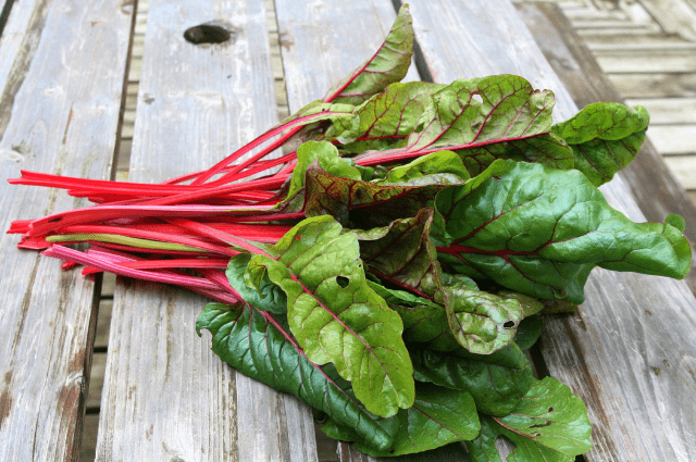 A bunch of fresh Swiss chard with red stalks lying on a wooden surface. (is swiss chard good for weight loss?)