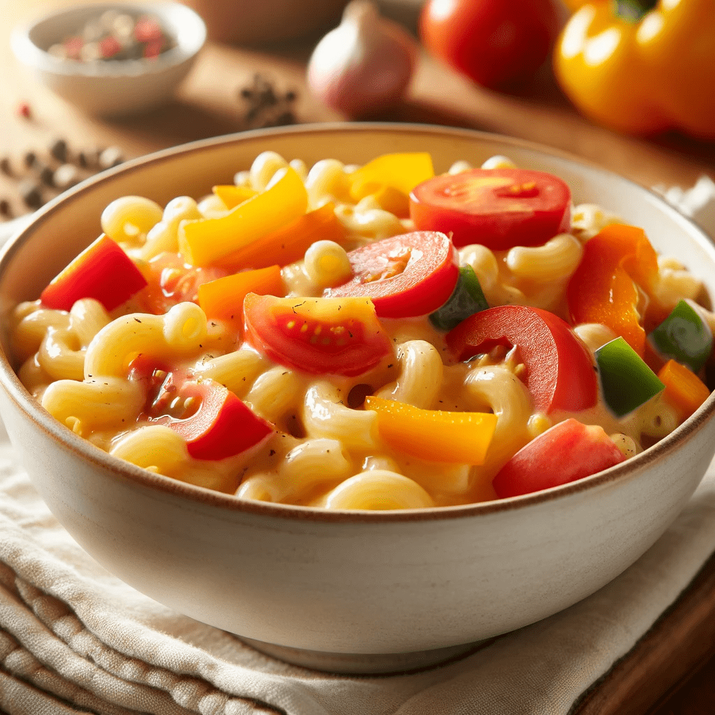 A bowl of mac and cheese mixed with diced tomatoes and bell peppers.
