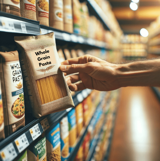A shopper's hand picking a package of whole grain pasta from a grocery shelf.
