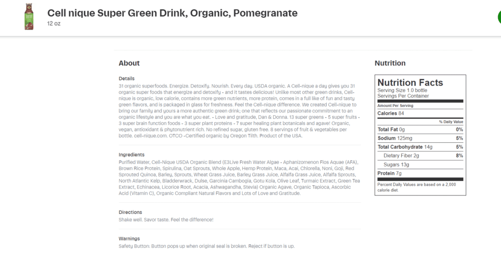 A nutritional supplement label for a green food blend product, highlighting gluten-free, no sugar added, non-GMO, and plant-based properties.
