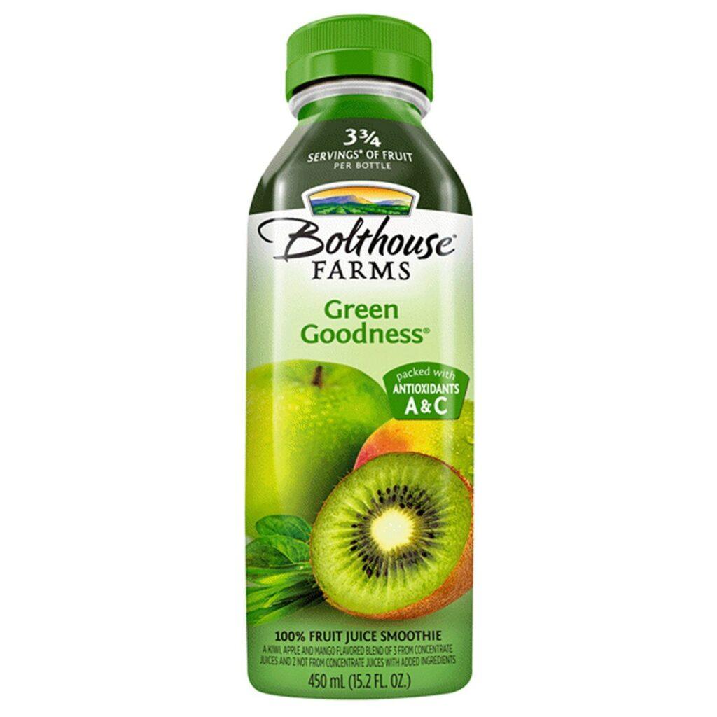 A bottle of Bolthouse Farms Green Goodness fruit juice smoothie with images of apples and kiwi on the label. (Is Bolthouse Farms Green Goodness Good for Weight Loss?)