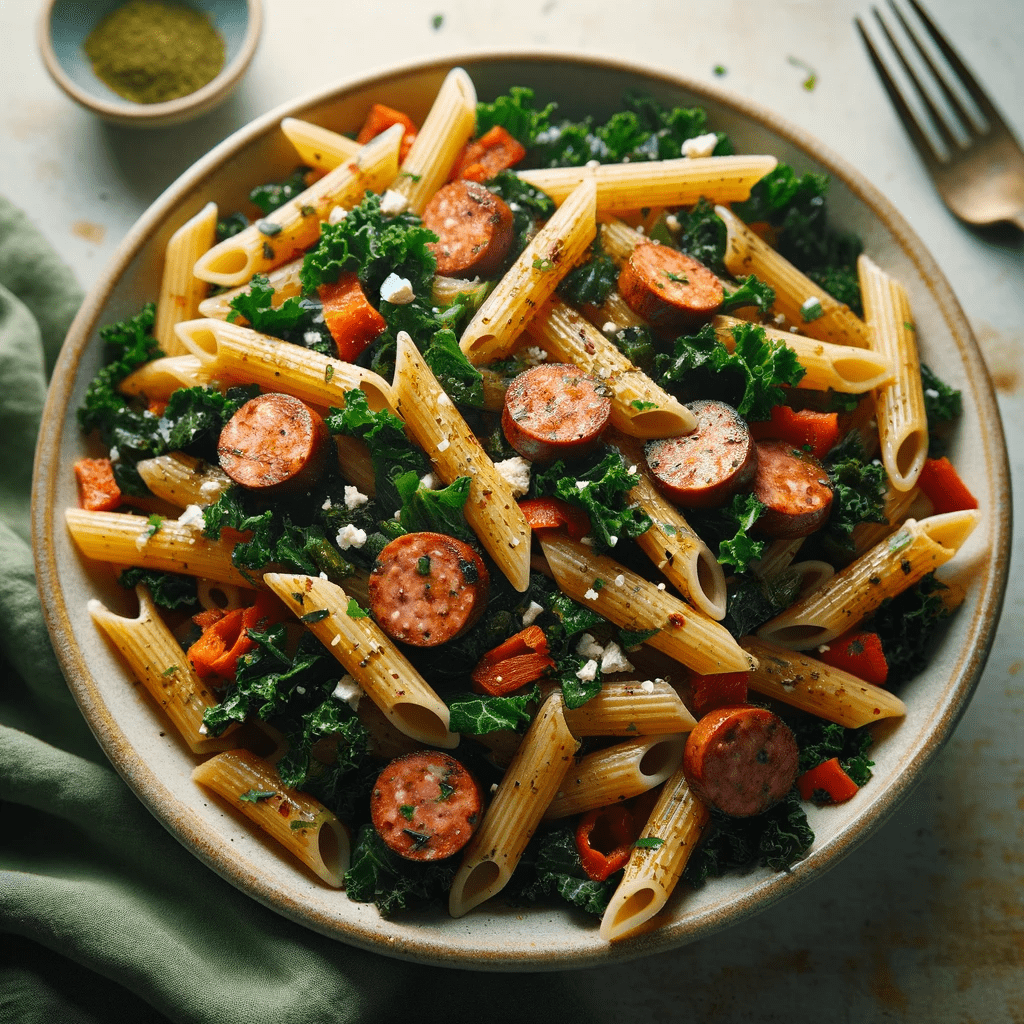 Penne pasta mixed with kale, slices of sausage, and red pepper flakes.