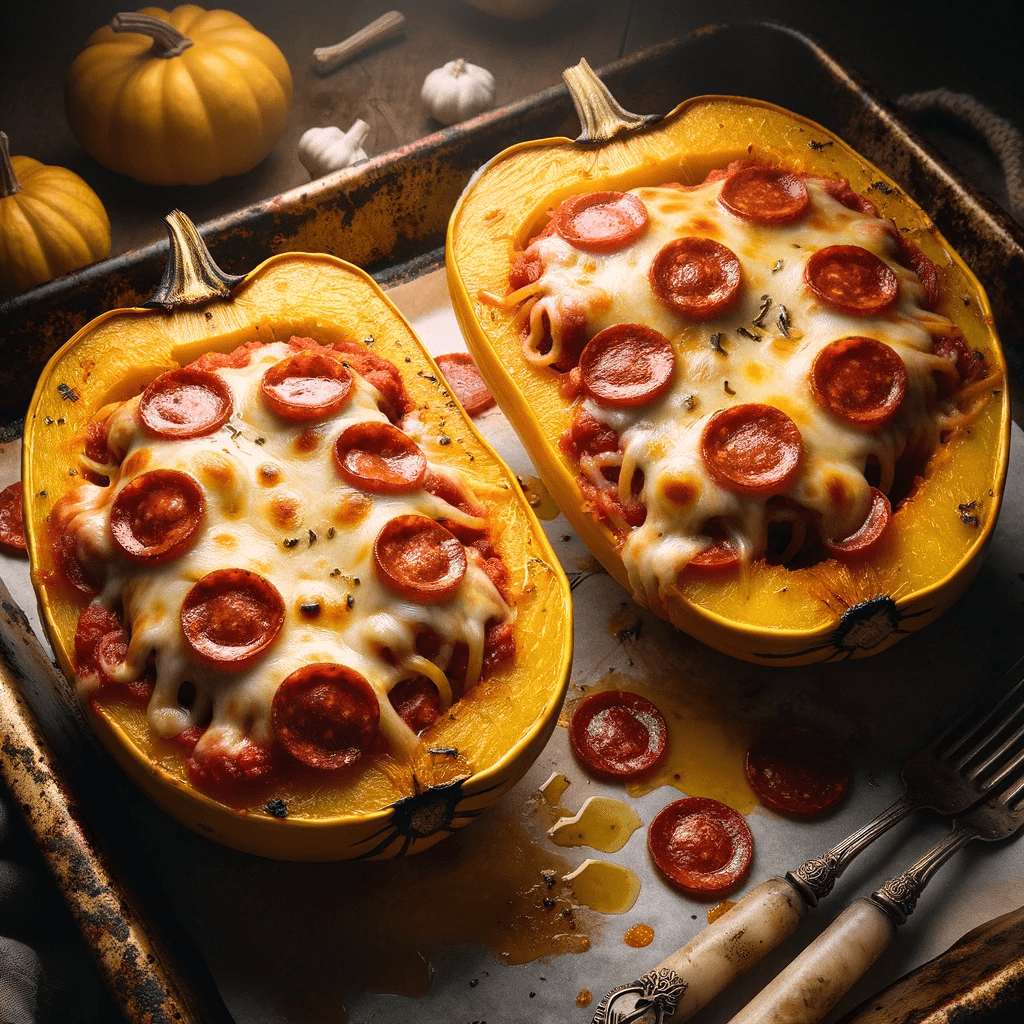 Spaghetti squash halves filled with pizza toppings including cheese and pepperoni.