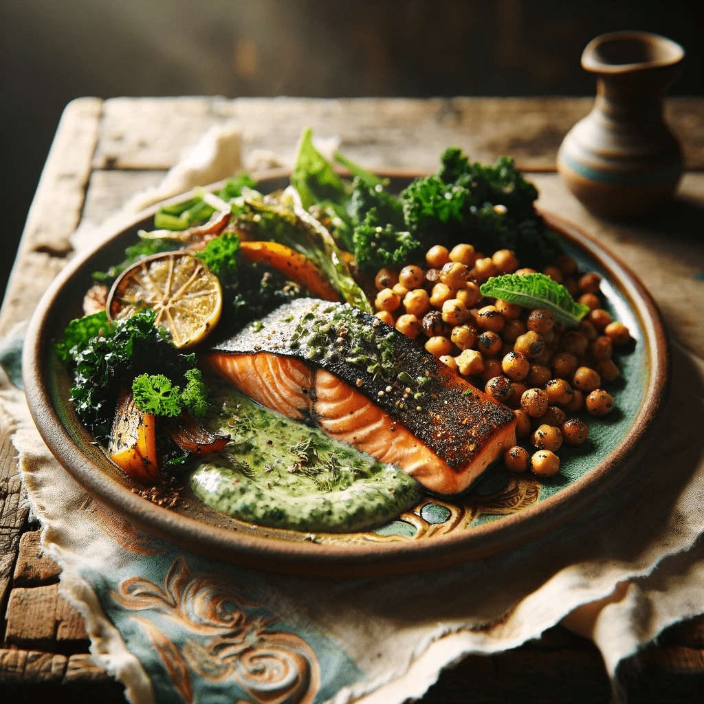 Roasted salmon with smoky chickpeas and green vegetables on a rustic plate.
