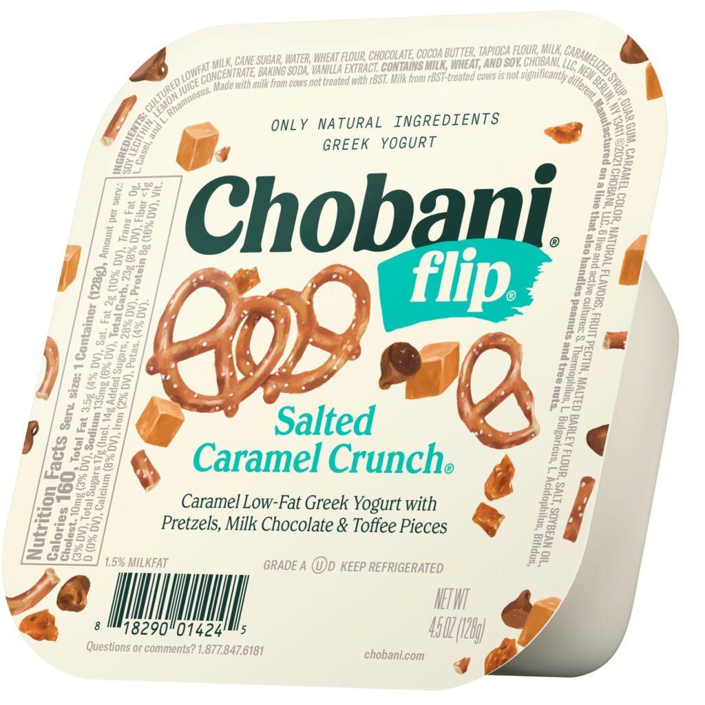 Image of Chobani Flip yogurt packaging: "Packaging for Chobani Flip Salted Caramel Crunch flavor, depicting caramel low-fat Greek yogurt with pretzels, milk chocolate, and toffee pieces.