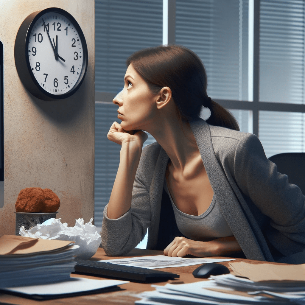 A woman in an office, glancing at the clock and feeling hungry, with a thoughtful and slightly concerned expression.