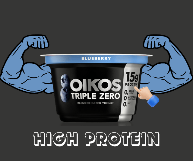 Image of a container of Oikos Triple Zero Greek Yogurt with blueberry flavor, featuring animated muscular arms and the phrase "HIGH PROTEIN" emphasizing its protein content.