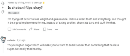 Image of a Reddit discussion: "Screenshot from a Reddit thread discussing whether Chobani Flips are suitable for weight loss, with a comment highlighting their high sugar content.
