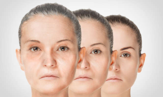 A composite image showing the progression of aging on a woman's face from young to old.