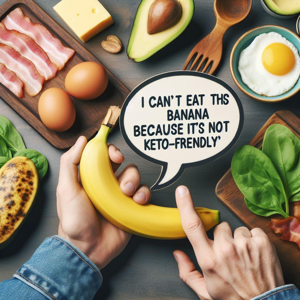A hand holding a banana with a speech bubble stating "I can't eat this banana because it's not keto-friendly."