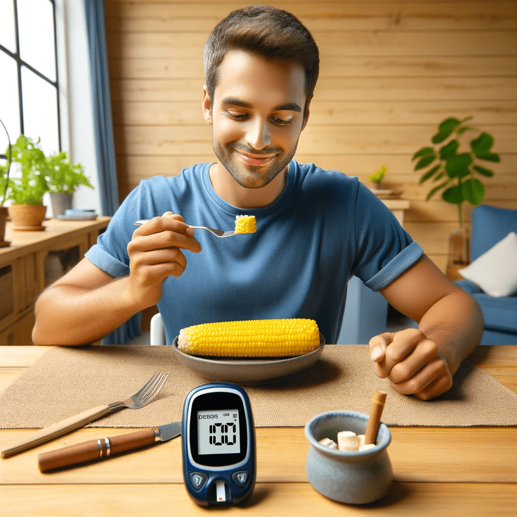 A smiling man seated at a table, eating corn on the cob with a blood sugar monitor showing a stable reading of 100.