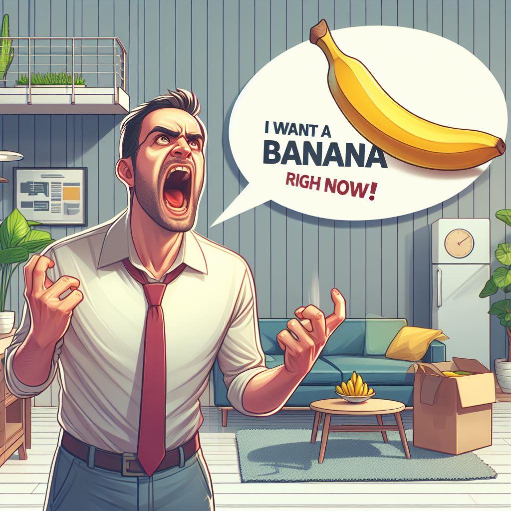 A cartoon image of an angry man in an office shouting "I WANT A BANANA RIGHT NOW!" with an image of a banana in a speech bubble above his head.  (Why Am I Craving Bananas?)