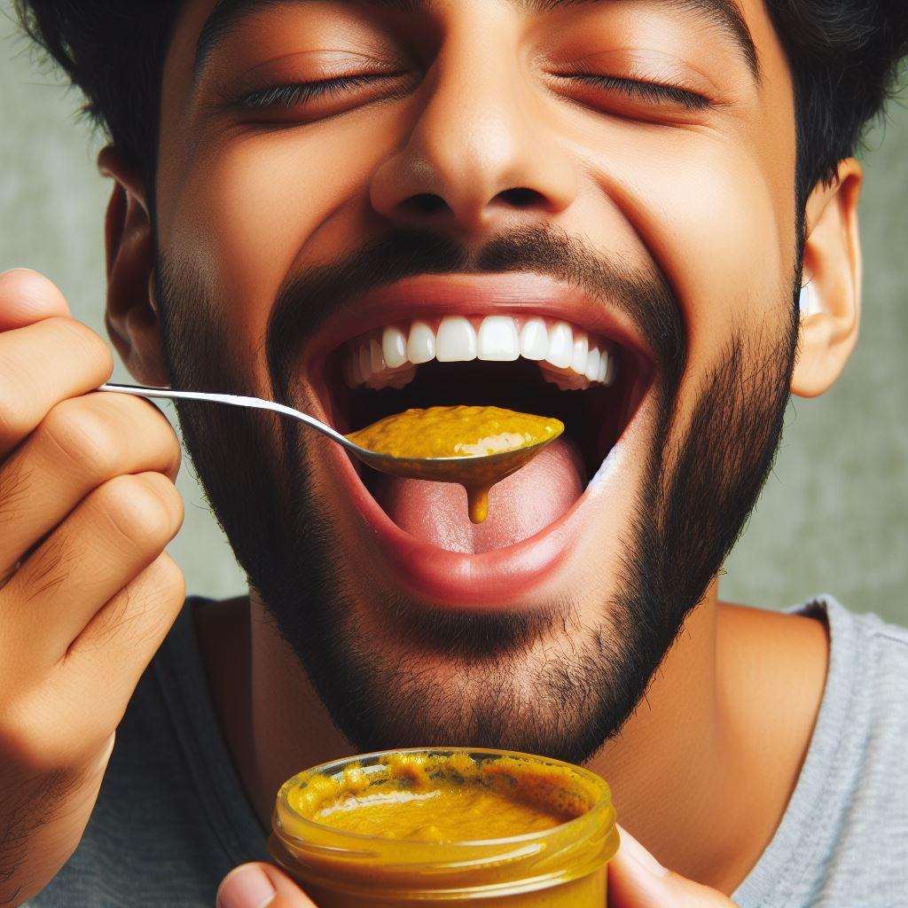 A joyful man tasting mustard from a spoon, with an open jar of mustard visible in his hand. (Why Am I Craving Mustard?)