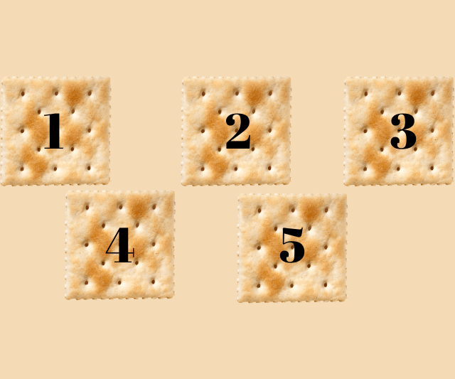 Five Saltine crackers laid out on a pale background, numbered 1 to 5.