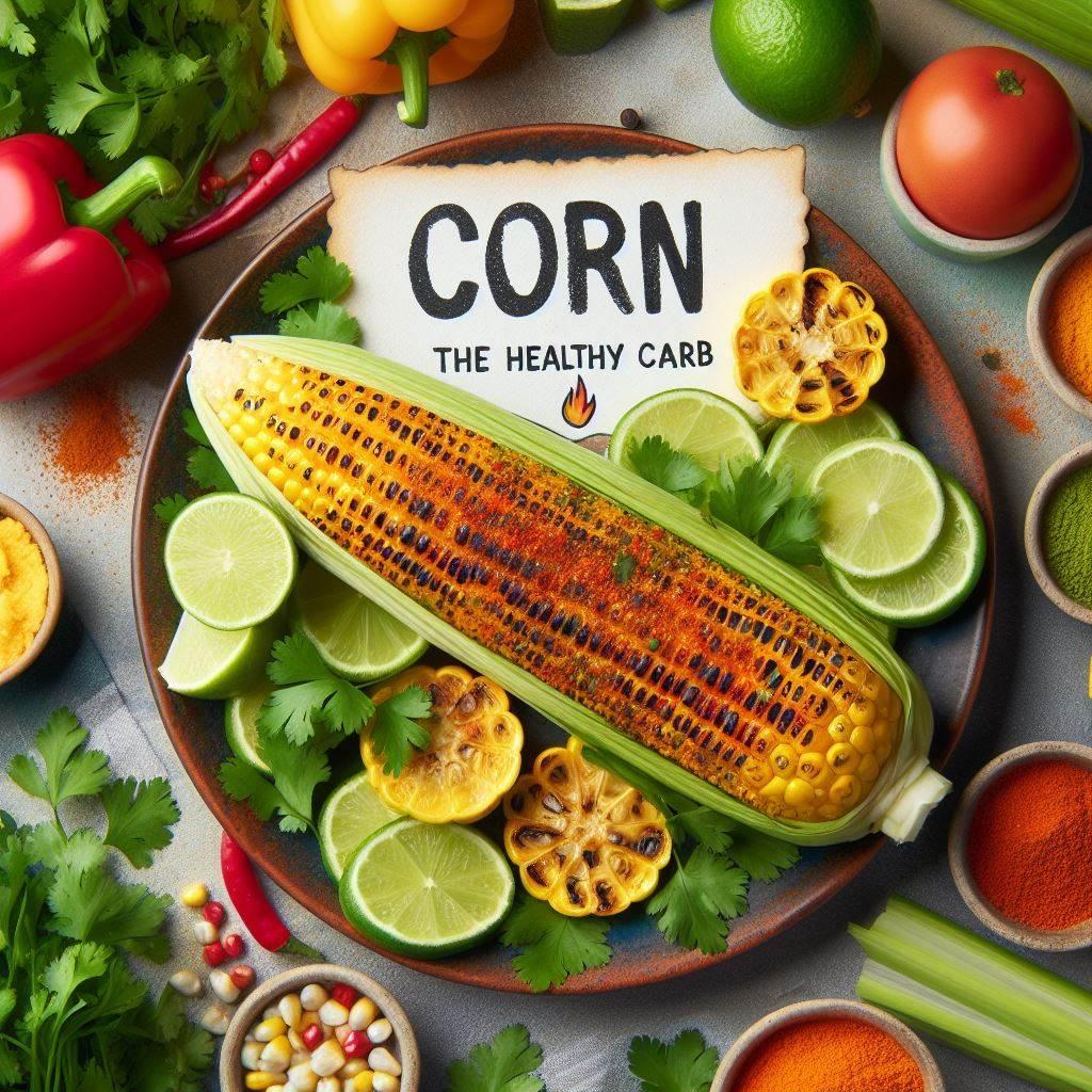 A wooden bowl full of yellow corn kernels with a sign stating "Rich in Resistant Starch" on a rustic tablecloth.