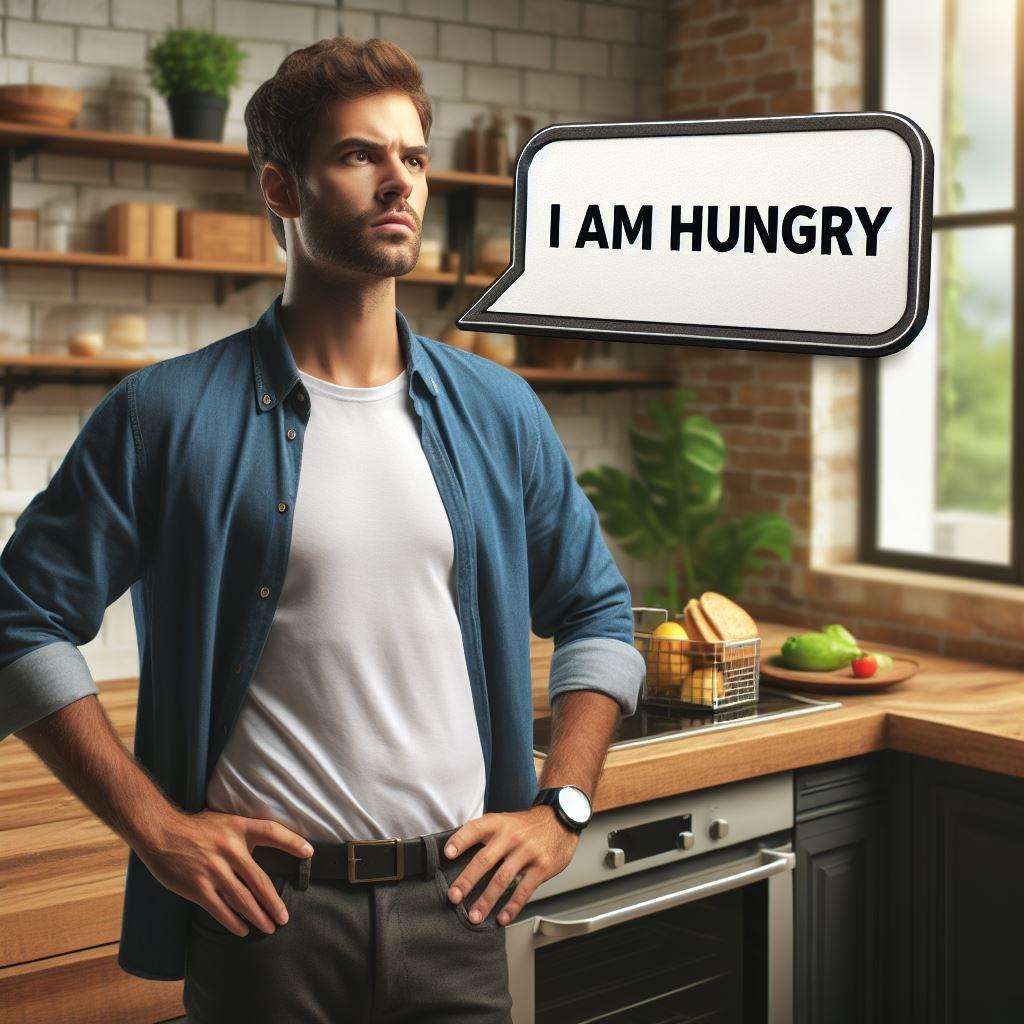 A man in a kitchen with a speech bubble saying "I AM HUNGRY."