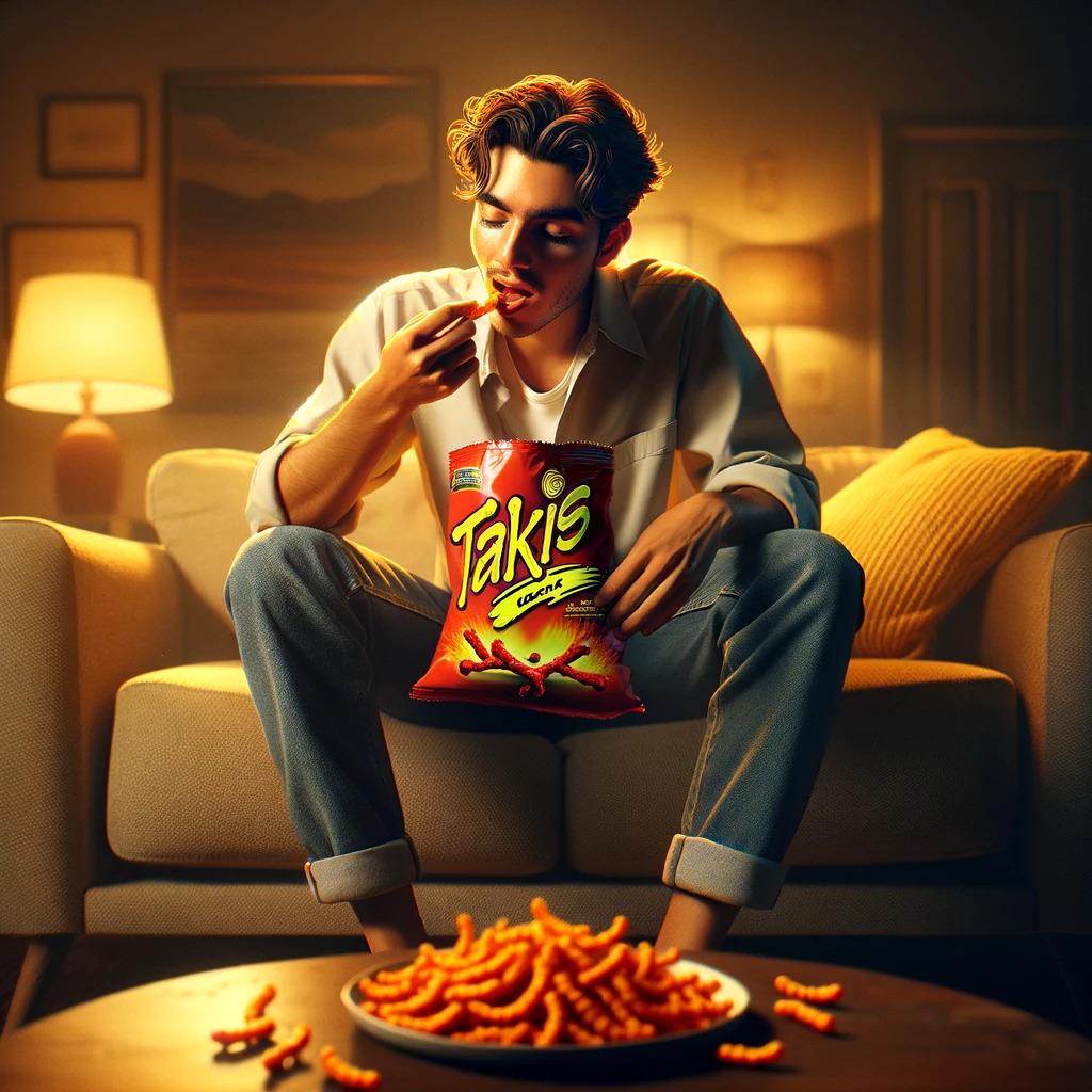 A person sitting on a couch eating Takis, with an expression of enjoyment.