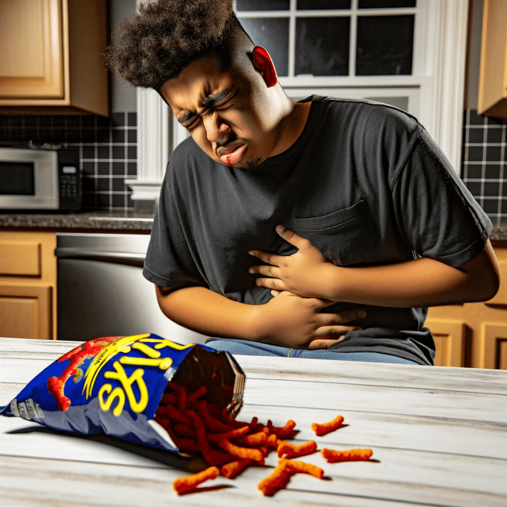 A young person grimacing in pain, clutching their stomach, with a spilled bag of Takis on the table.