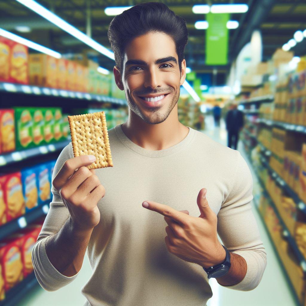 A smiling man holding up a Saltine cracker in a grocery aisle.