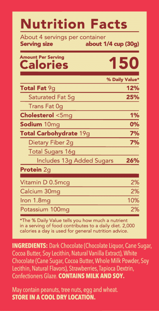 The nutritional facts label of Tru Fru dark chocolate covered strawberries, showing a serving size of about 1/4 cup (30g) with 150 calories per serving.