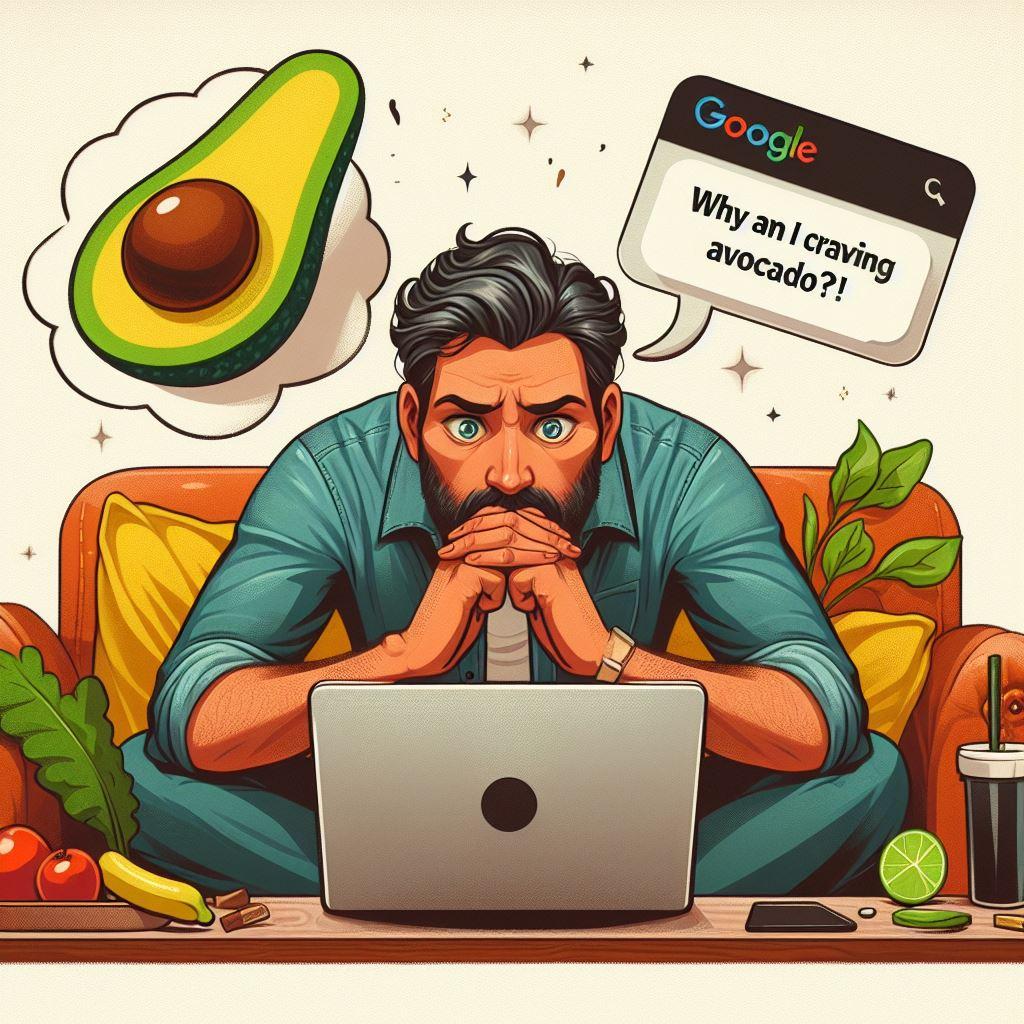 A man sitting in front of a laptop with thought bubbles about avocados and a Google search asking why am i craving avocado?