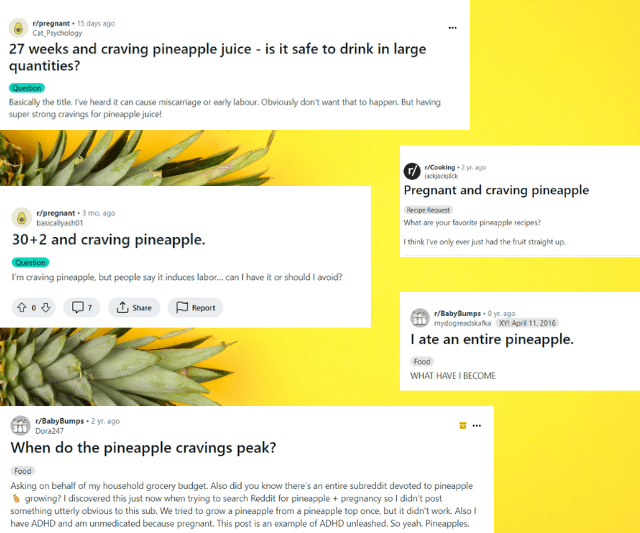 A screenshot of various Reddit posts discussing cravings for pineapple and pineapple juice during pregnancy.