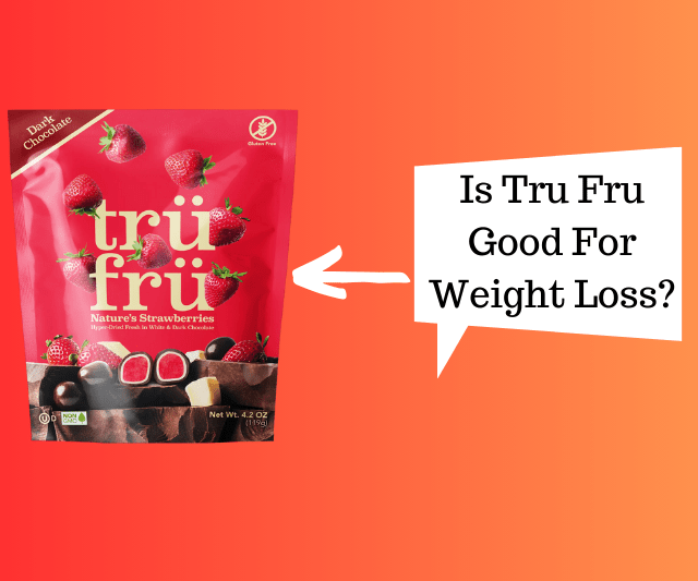 A package of Tru Fru Nature's Strawberries immersed in dark chocolate with a speech bubble asking "Is Tru Fru Good For Weight Loss?"