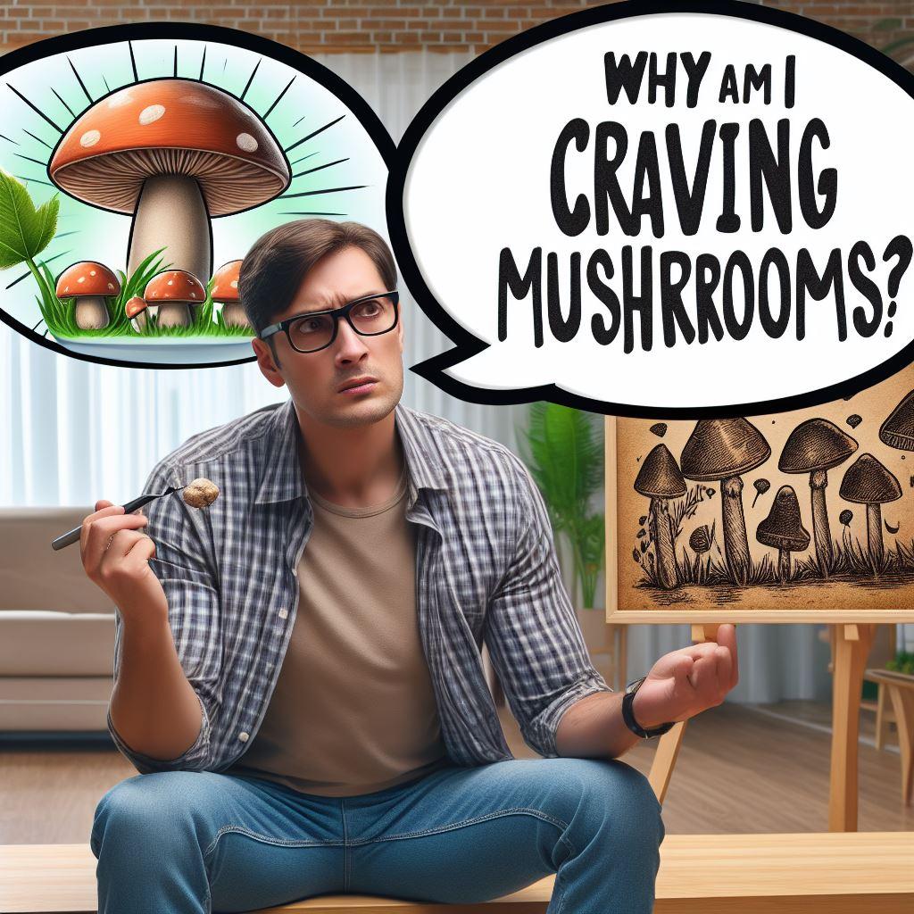 A puzzled man holding a mushroom, with thought bubbles asking "WHY AM I CRAVING MUSHROOMS?" and illustrations of mushrooms.