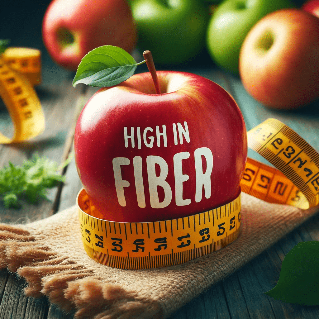 An apple on a scale with "High in Fiber" marked on it.