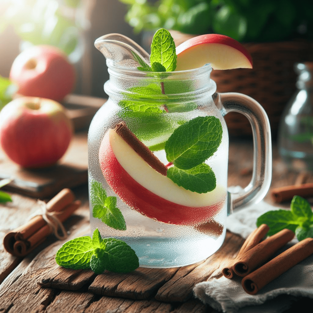 A jar of infused water with apple slices and mint leaves.