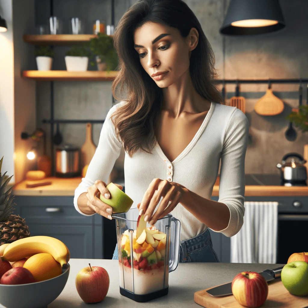 A woman is putting apple slices into a blender with other fruits for a smoothie.