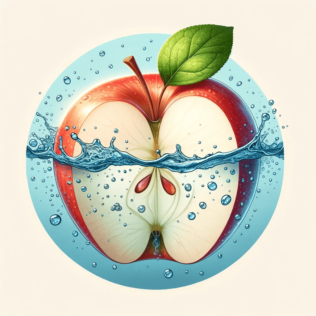 An apple sliced in half surrounded by water droplets, highlighting its water content.