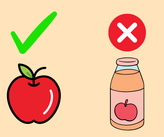 An illustrative comparison between an apple and a bottle of apple juice.