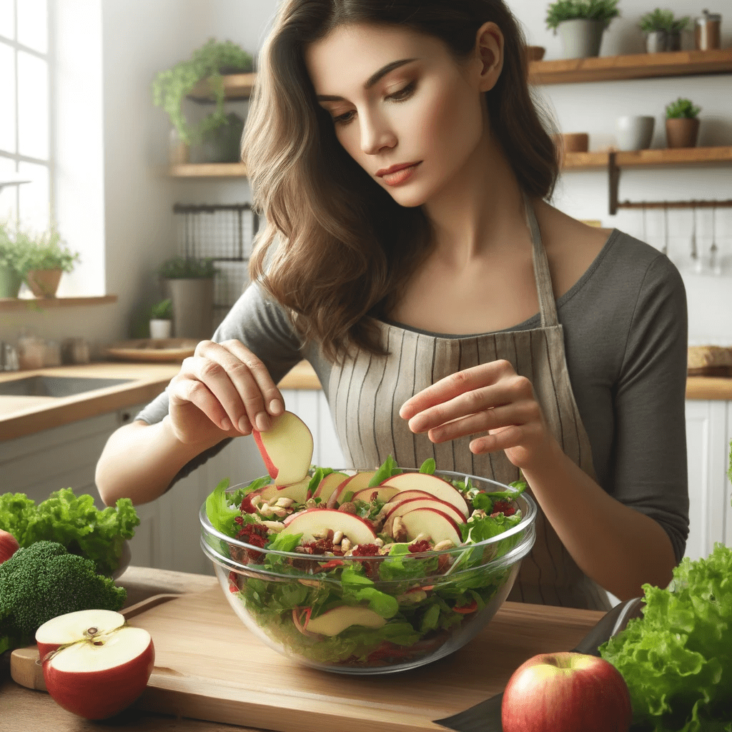 A woman is adding apple slices to a fresh garden salad.