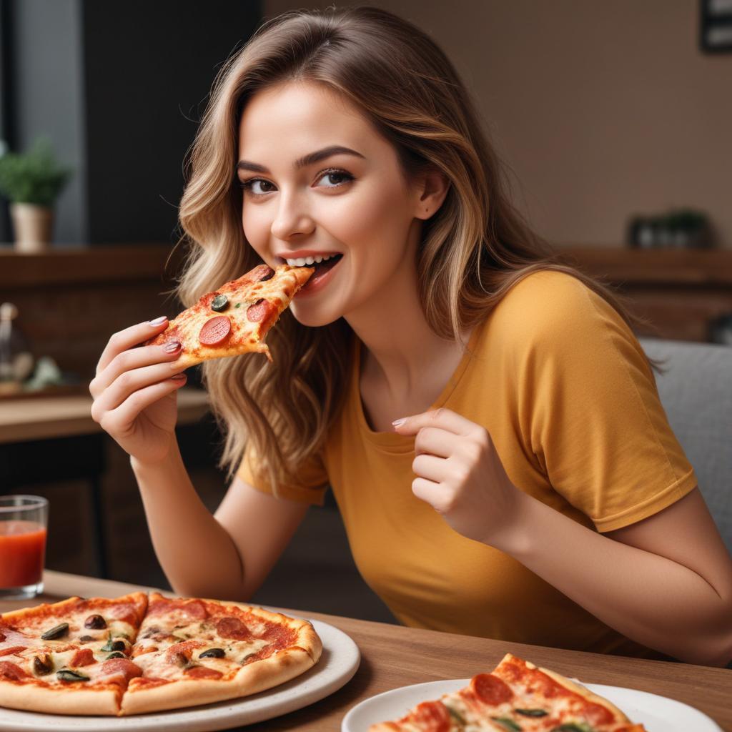 A woman enjoying a slice of pepperoni pizza, highlighting indulgence during a cheat meal.