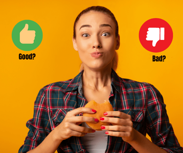 A woman holding a burger with "Good?" and "Bad?" symbols, questioning the impact of cheat meals.