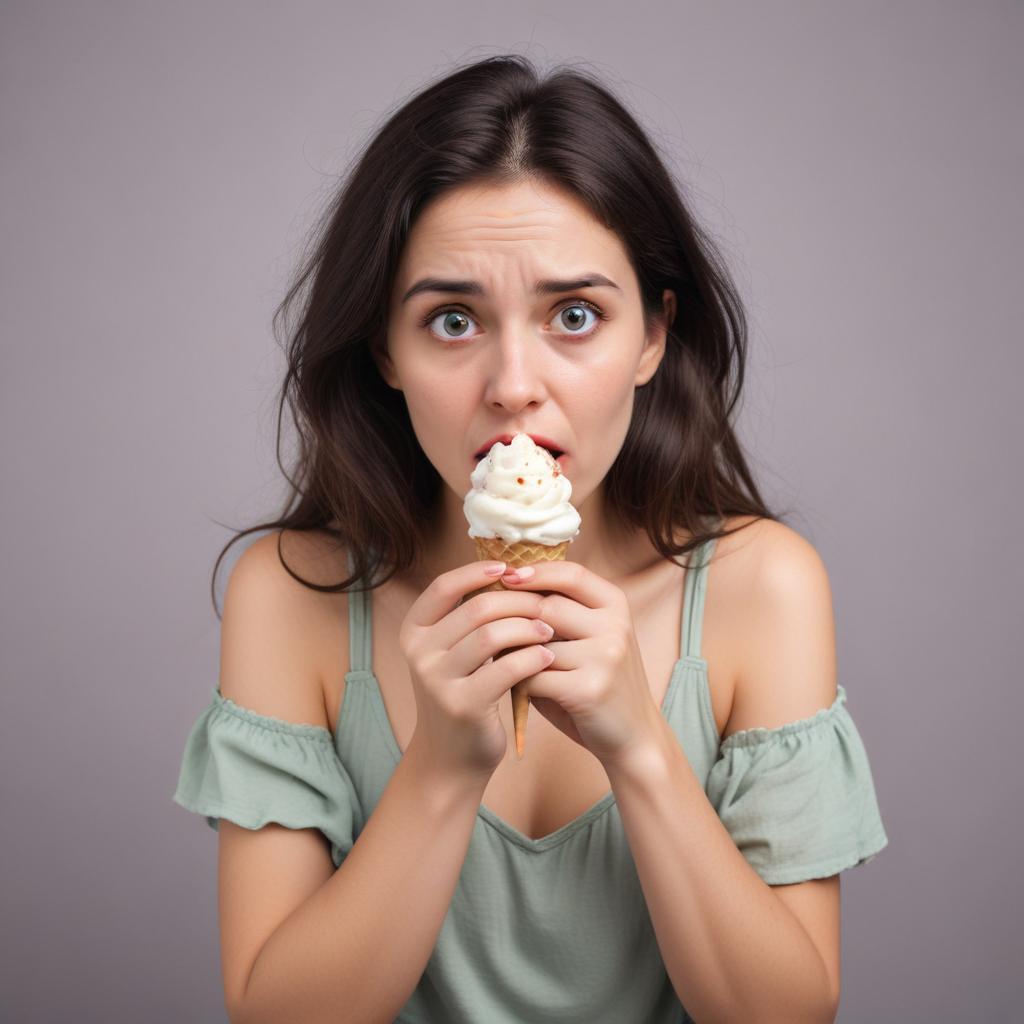  woman with a concerned expression eating an ice cream cone, representing emotional eating and its challenges.