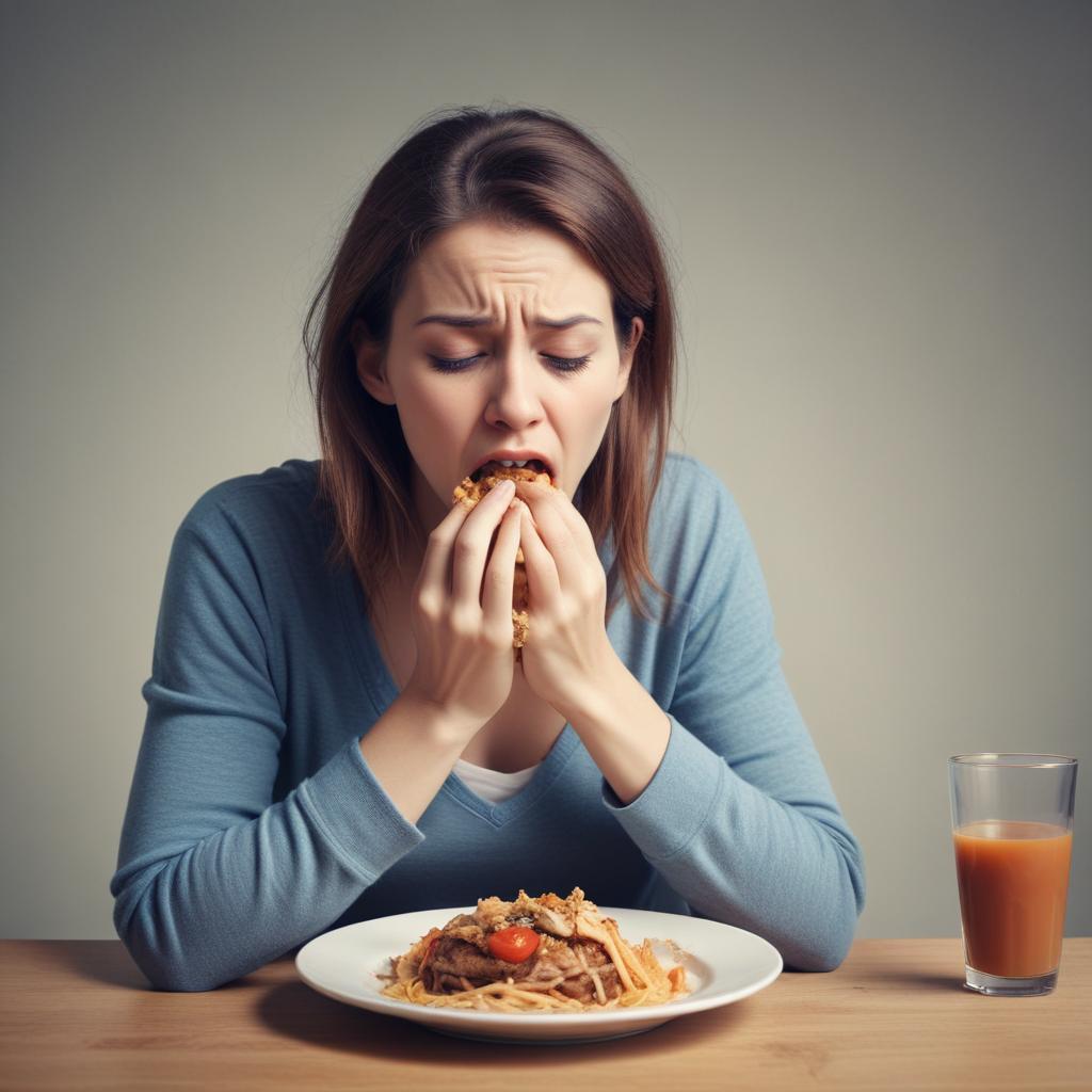 Woman eating a large burger, looking distressed.