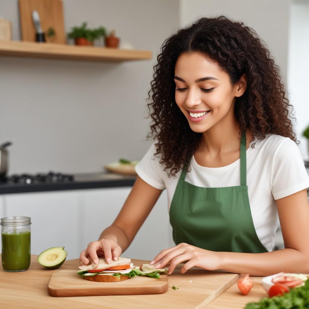 A woman smiling and preparing a nutritious sandwich in her kitchen, emphasizing a balanced approach to cheat meals.
