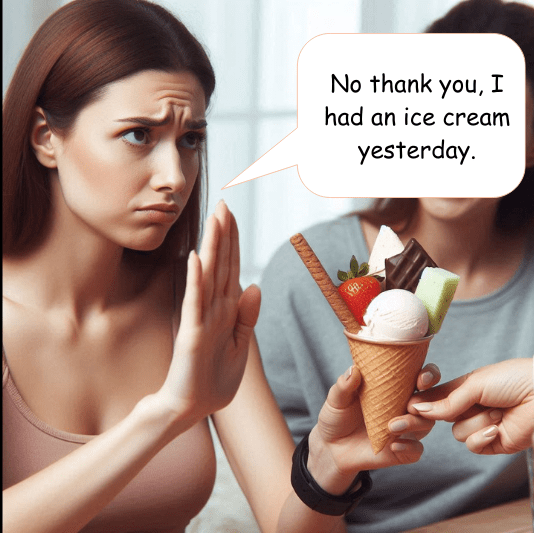 A woman refusing an ice cream cone offered by a friend, showing commitment to a healthy diet.