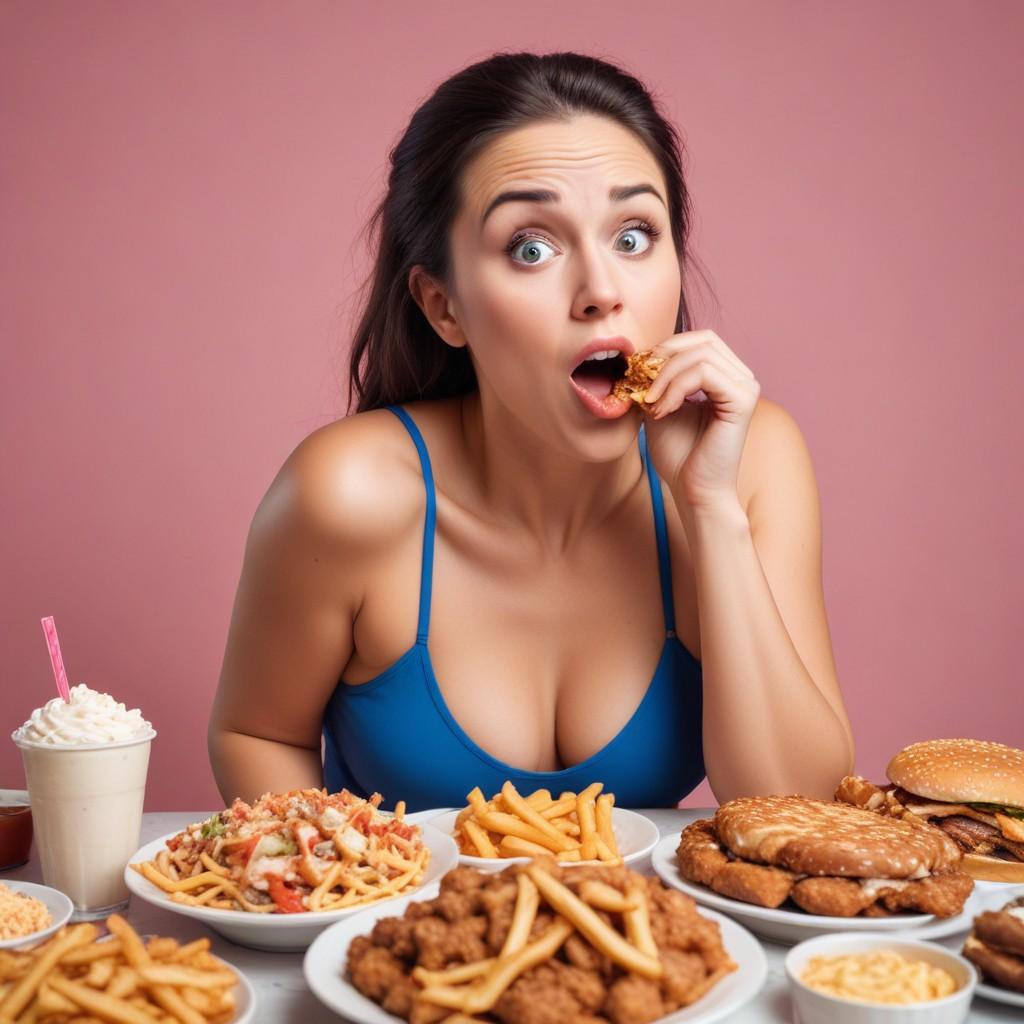A surprised woman surrounded by an excessive amount of fast food, depicting the risk of overindulgence with cheat meals.