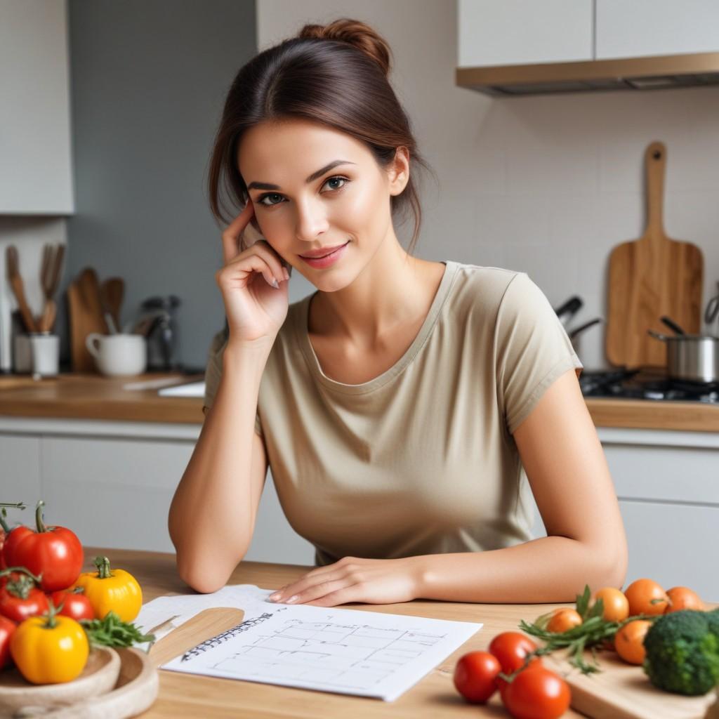 A woman sitting at a kitchen table with a meal plan and fresh vegetables, showcasing the importance of planning cheat meals.